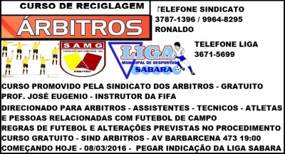 LIGA de Sabará informa: Curso de reciclagem – Arbitragem 2016